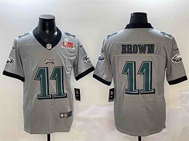 Men's Philadelphia Eagles #11 A. J. Brown Grey 2025 Super Bowl LIX Patch Vapor Untouchable Limited Stitched Football Jersey
